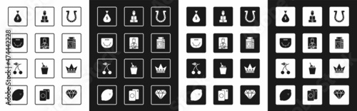 Set Horseshoe, Casino dealer, Poker table, Money bag, Deck of playing cards, King and slot machine with cherry icon. Vector