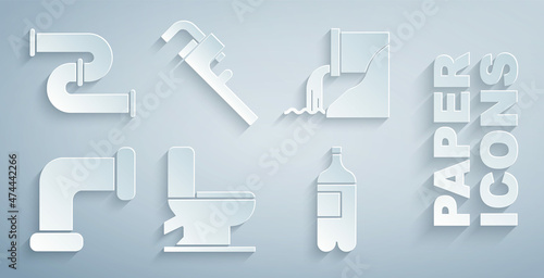 Set Toilet bowl, Wastewater, Industry metallic pipe, Bottle of, Pipe adjustable wrench and icon. Vector