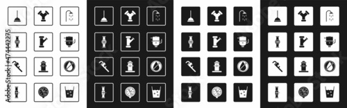 Set Shower, Industry metallic pipe, Water meter, Rubber plunger, Electric boiler for heating water, drop forbidden and Pipe adjustable wrench icon. Vector