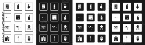 Set Glass bong for smoking marijuana, Plastic bag of drug, Opium pipe, Medicine bottle and pills, Bong, Lighter, Skull crossbones and Cocaine heroin icon. Vector