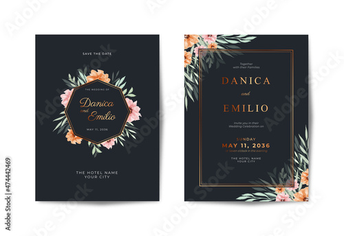 Obraz na plátně Luxury black and gold wedding invitation template with beautiful floral watercol