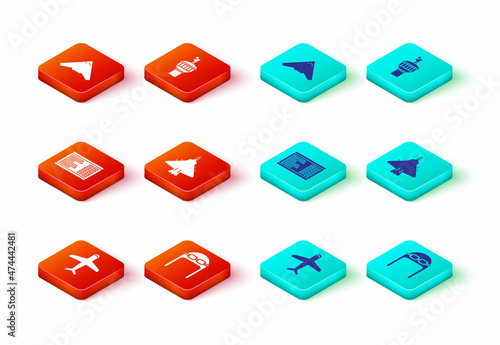 Set Plane, Aviator hat with goggles, Airport board, Jet fighter, Radar and icon. Vector