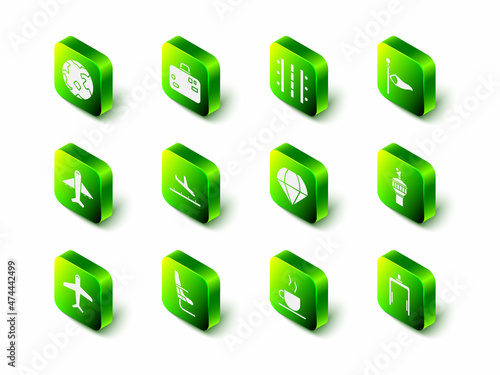 Set Suitcase, Airport runway, Cone meteorology windsock wind vane, Radar, Metal detector airport, Parachute, Coffee cup and Airplane seat icon. Vector
