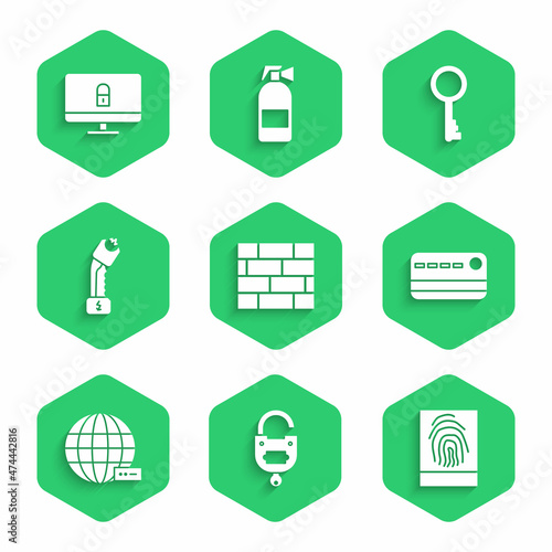Set Bricks, Lock and key, Fingerprint, Credit card, Social network, Police electric shocker, Old and on computer monitor icon. Vector