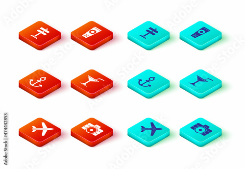 Set Plane, Photo camera, Anchor, Martini glass, Sunscreen cream tube and Road traffic signpost icon. Vector