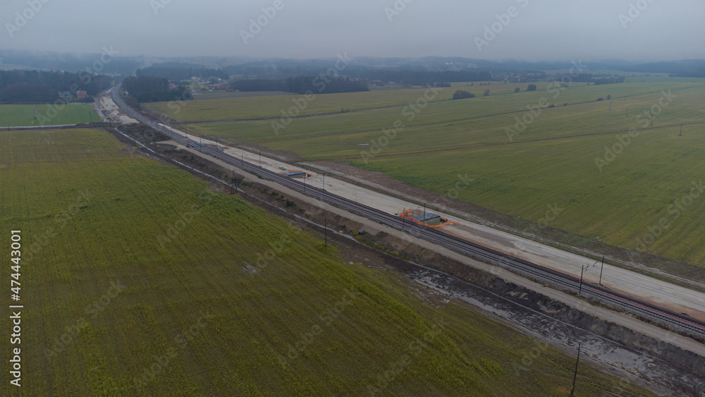 Aerial view of railway construction site at Pragersko, Slovenia. Renewing train tracks and creating new path.
