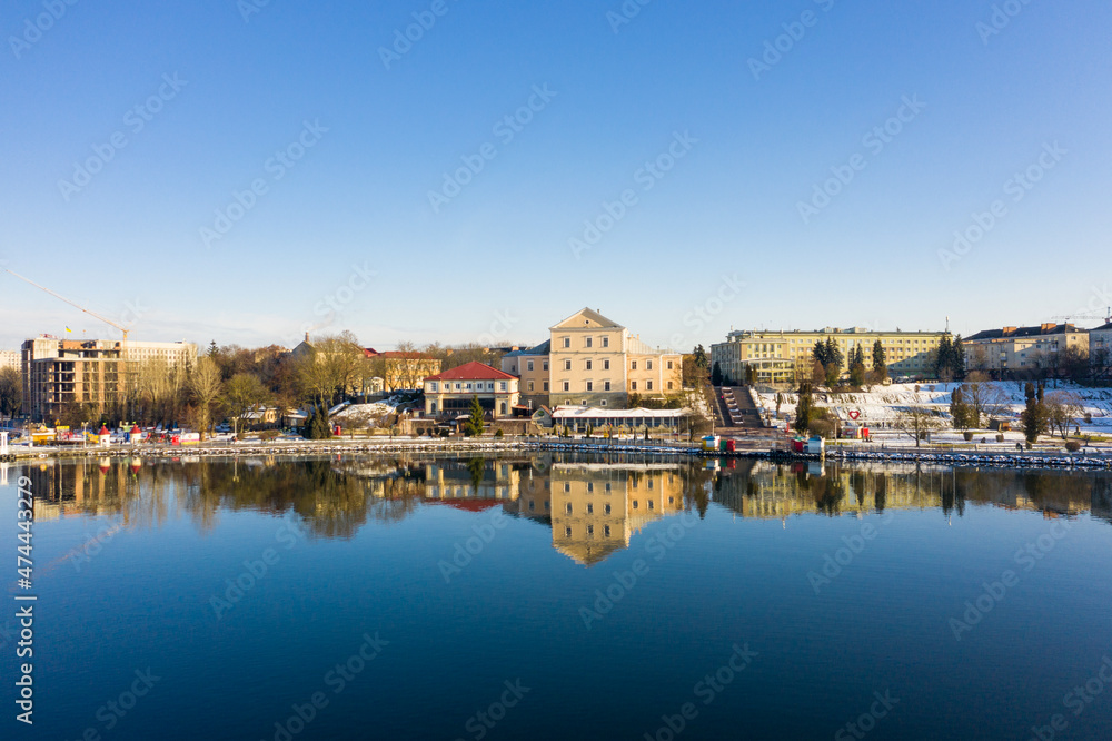 Historical castle on the embankment of Ternopil Ukraine aerial view