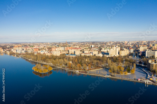 The embankment to the lake in the center of Ternopil aerial view photo