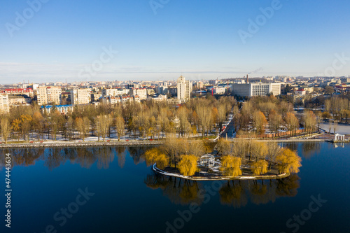 The Island of love in Ternopol city aerial view