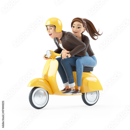 3d cartoon man and woman riding a scooter photo