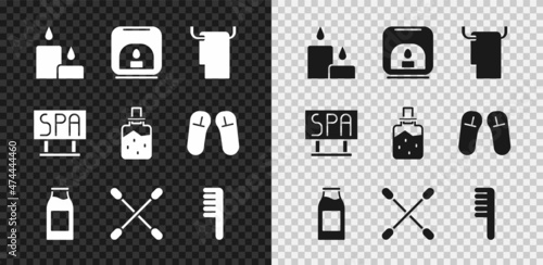 Set Burning candle, Aroma lamp, Towel on hanger, Bottle with milk, Cotton swab for ears, Hairbrush, Spa salon signboard and salt icon. Vector