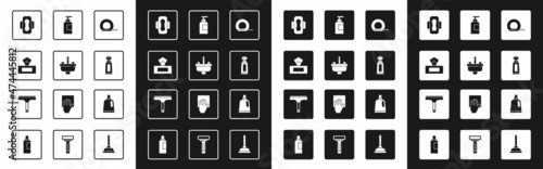 Set Dental floss, Washbasin with water tap, Wet wipe pack, Sanitary napkin, Tube of toothpaste, Bottle shampoo, for cleaning agent and Rubber cleaner icon. Vector
