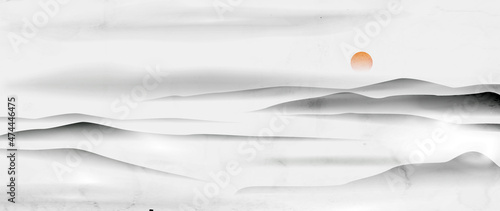 Watercolor black and white art background with mountains and hills at sunset or sunrise. Landscape banner in oriental style for interior decoration, design, print