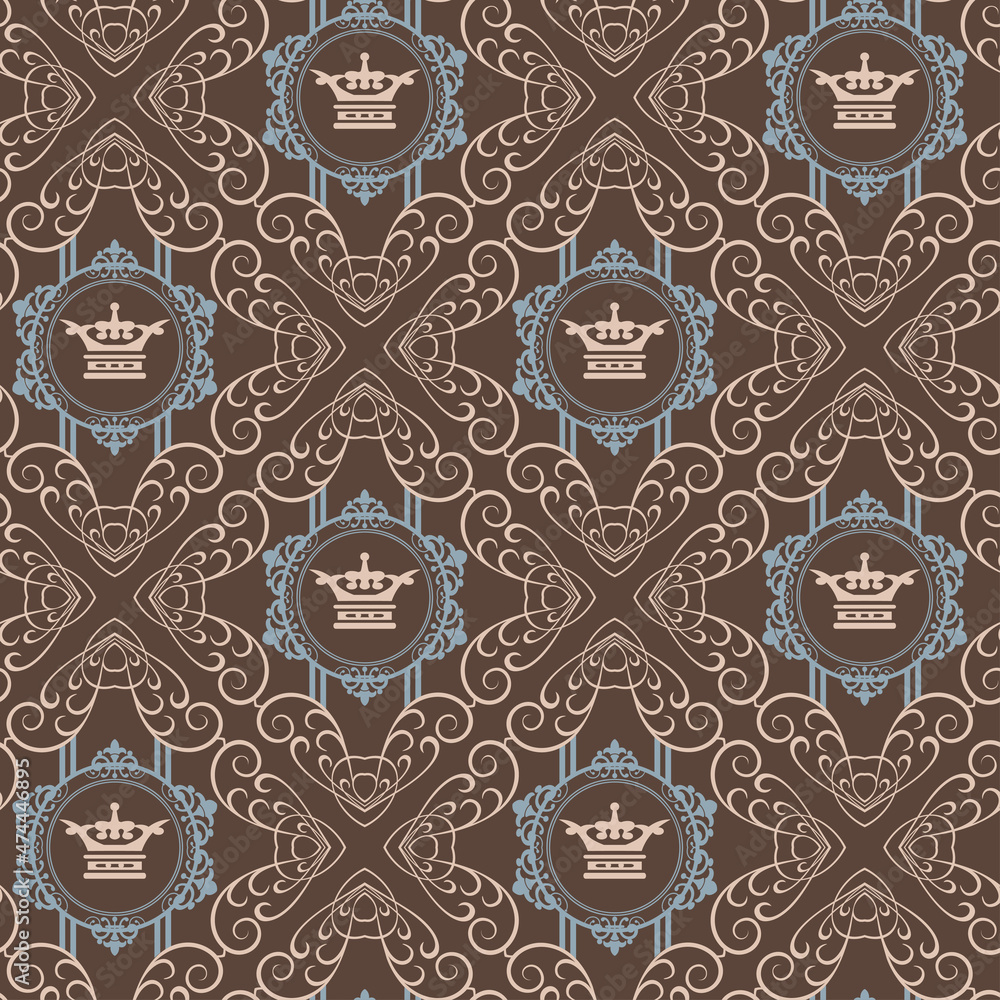Royal background pattern on brown background. Fabric texture swatch, seamless wallpaper. Vector illustration