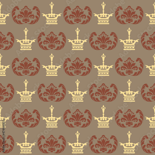 Background pattern with decorative ornament on dark brown background in vintage style. Vector illustration for your design projects, seamless pattern, wallpaper textures with flat design.