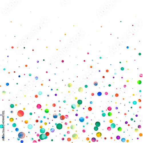 Watercolor confetti on white background. Admirable rainbow colored dots. Happy celebration square colorful bright card. Bewitching hand painted confetti.