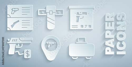 Set Location with weapon, Military ammunition box, Buying gun pistol, Weapon case, Knife holster and catalog icon. Vector