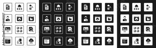 Set Cloud technology data transfer, Failed access cloud storage, Analyst engineer, File document, missing, Search concept with folder and Monitor graph chart icon. Vector