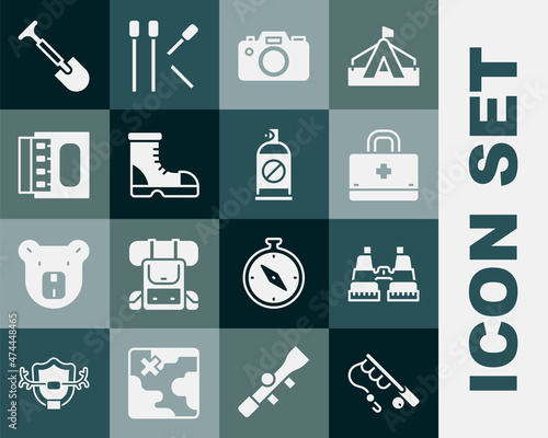 Set Fishing rod, Binoculars, First aid kit, Photo camera, Hunter boots, Matchbox and matches, Shovel and Spray against insects icon. Vector