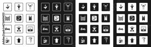 Set Smart farm with drone, Plant, Garden hose, Corn, worker clothes, Scarecrow, Automatic irrigation sprinklers and Pickup truck icon. Vector