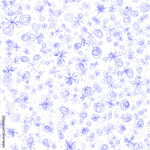 Hand Drawn Snowflakes Christmas Seamless Pattern. Subtle Flying Snow Flakes on chalk snowflakes Background. Alive chalk handdrawn snow overlay. Exceptional holiday season decoration.