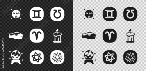 Set Sun, Gemini zodiac, Life, Magic ball, Tarot cards, Pentagram circle, Snake and Aries icon. Vector