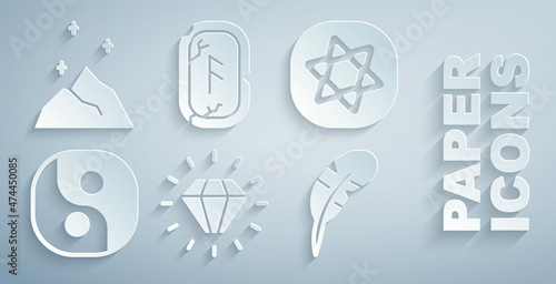 Set Diamond, Tarot cards, Yin Yang, Feather pen, Magic runes and powder icon. Vector