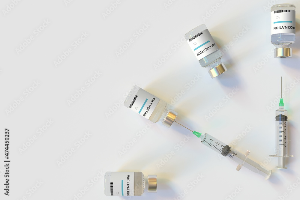 Clock face made with vaccination text on vials and syringes. Conceptual medical 3D rendering Clock face made with vaccination text on vials and syringes. Conceptual medical 3D rendering