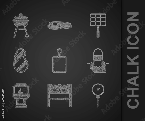 Set Cutting board, BBQ brazier, Kitchen thermometer, apron, Brick stove, Steak meat, Barbecue steel grid and grill icon. Vector