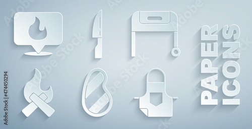 Set Steak meat, Barbecue grill, Campfire, Kitchen apron, knife and Location with flame icon. Vector