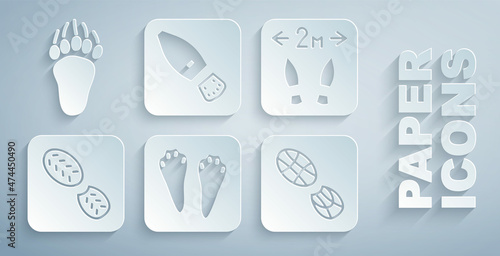 Set Rabbit and hare paw footprint, Safe distance, Human footprints shoes, and Bear icon. Vector