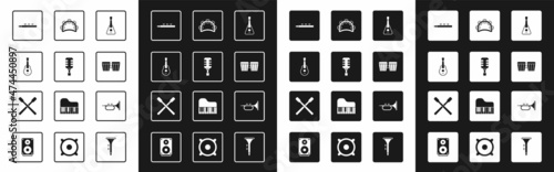 Set Guitar, Microphone, Drum and drum sticks, Tambourine, Trumpet and icon. Vector