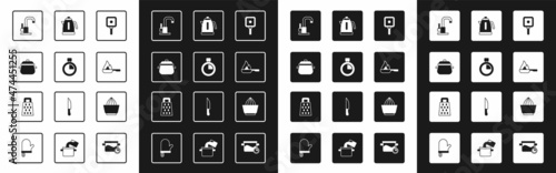 Set Frying pan, Stopwatch, Cooking pot, Water tap, Electric kettle, Citrus fruit juicer and Grater icon. Vector