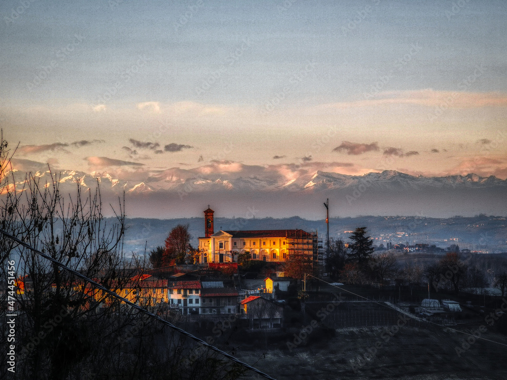 the territory of the roero, near Asti. And behind the Monviso mountain range after a snowfall