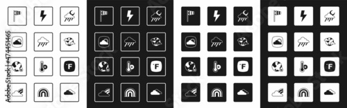 Set Cloud with rain and moon, Weather forecast, Cone windsock wind vane, Earth planet clouds, Lightning bolt, Fahrenheit and Water drop percentage icon. Vector