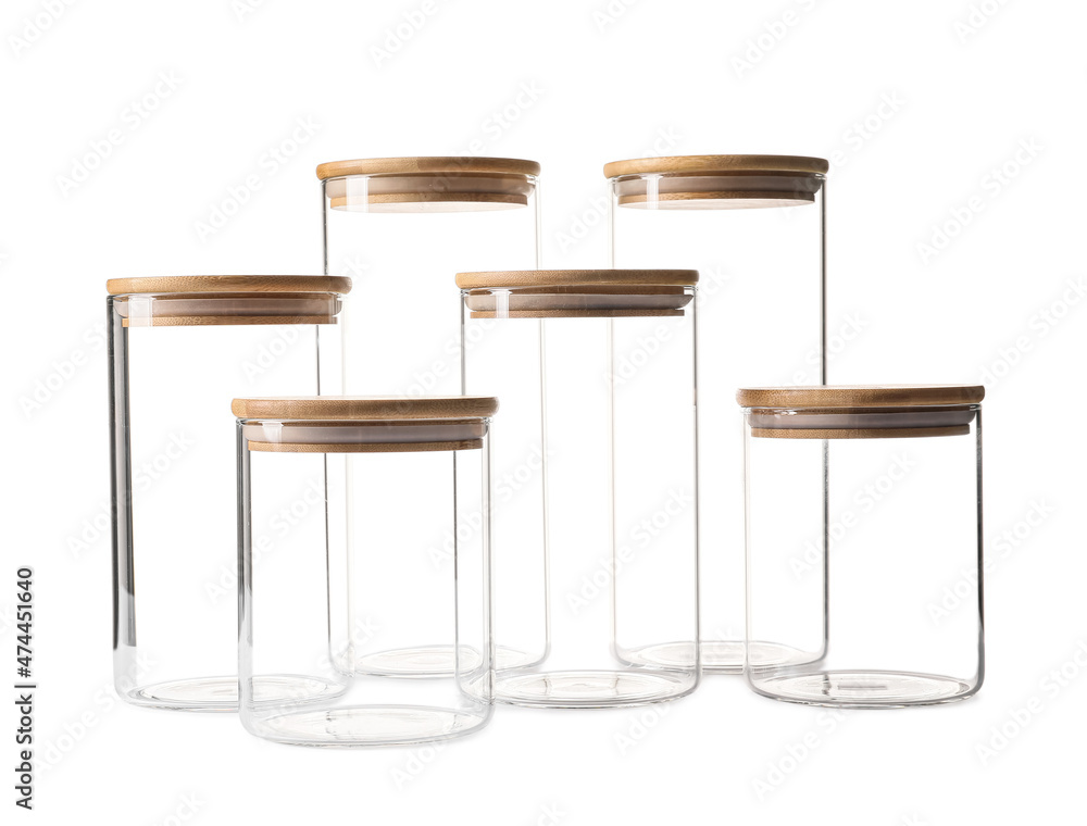 Many glass jars isolated on white background Many glass jars isolated on white background
