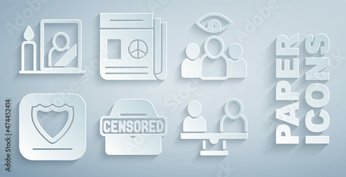 Set Censored stamp, Spy, agent, Shield, Gender equality, News and Mourning photo frame icon. Vector