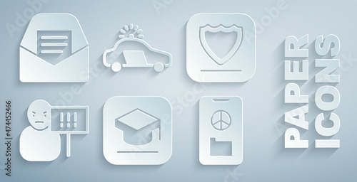 Set Graduation cap, Shield, Protest, Peace, Police car and flasher and Mail e-mail icon. Vector