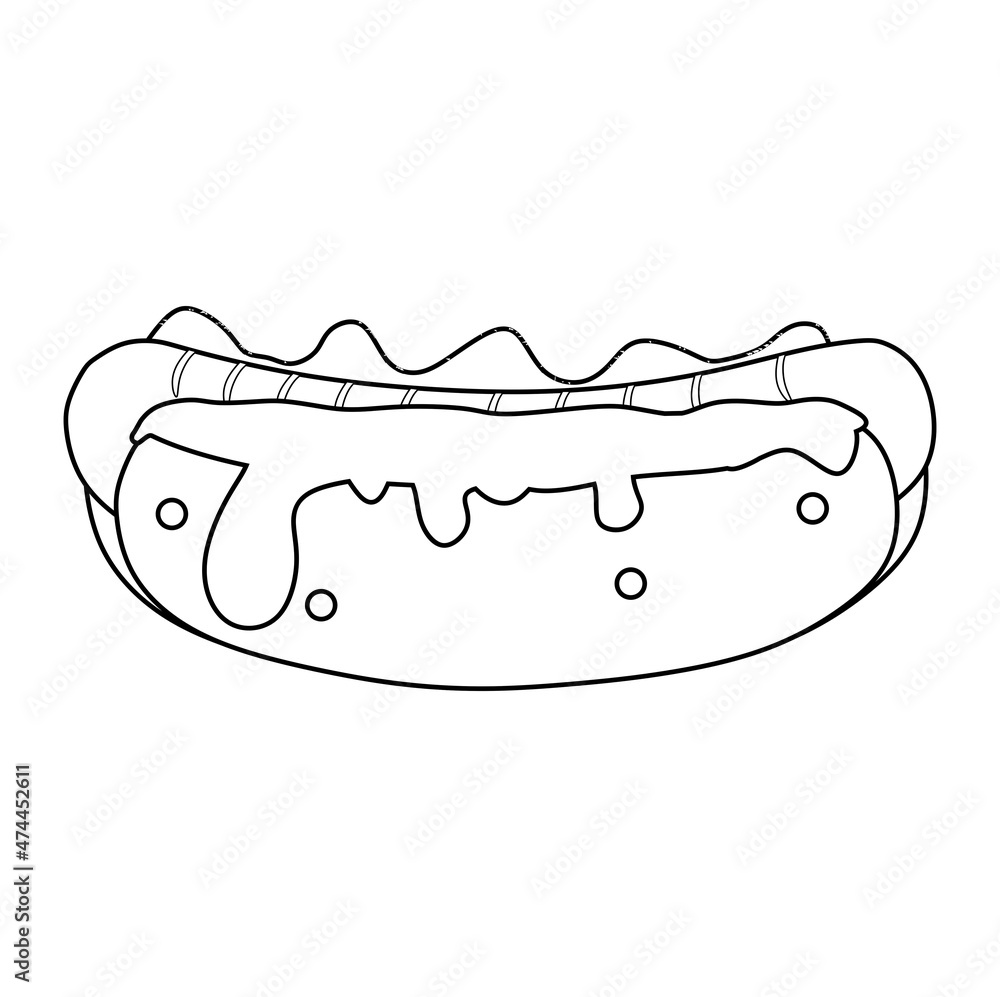 Black and white vector illustration of hot dog with cheese sauce for coloring book and doodles Black and white vector illustration of hot dog with cheese sauce for coloring book and doodles