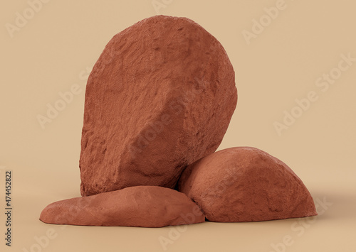 Brown color rocks in a flat color background, for product displays with copy space, 3d Rendering photo