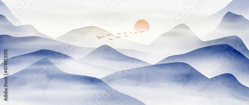 Watercolor ink art background with mountains and hills at sunset or sunrise. Landscape banner in oriental style paints for interior decoration, design, print