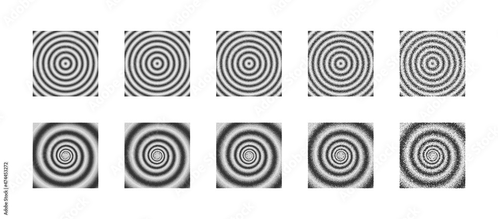 Dot Work Hand Drawn Stippled Abstract Spiral And Ripple Effect Vector Set In Different Variations Isolated On White Background. Various Degree Gradation Of Black Noise Dots Design Elements Collection Dot Work Hand Drawn Stippled Abstract Spiral And Ripple Effect Vector Set In Different Variations Isolated On White Background. Various Degree Gradation Of Black Noise Dots Design Elements Collection