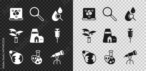 Set Chemical formula, Magnifying glass, Drop and magnifying, Earth globe, Test tube with toxic liquid, Telescope, Plant breeding and Power station plant icon. Vector