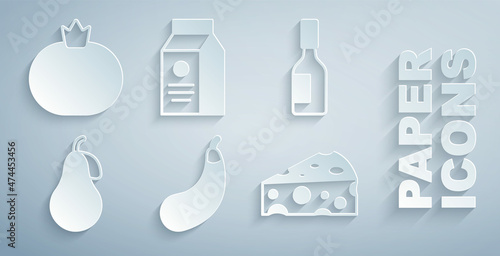 Set Eggplant, Tabasco sauce, Pear, Cheese, aper package for milk and Tomato icon. Vector