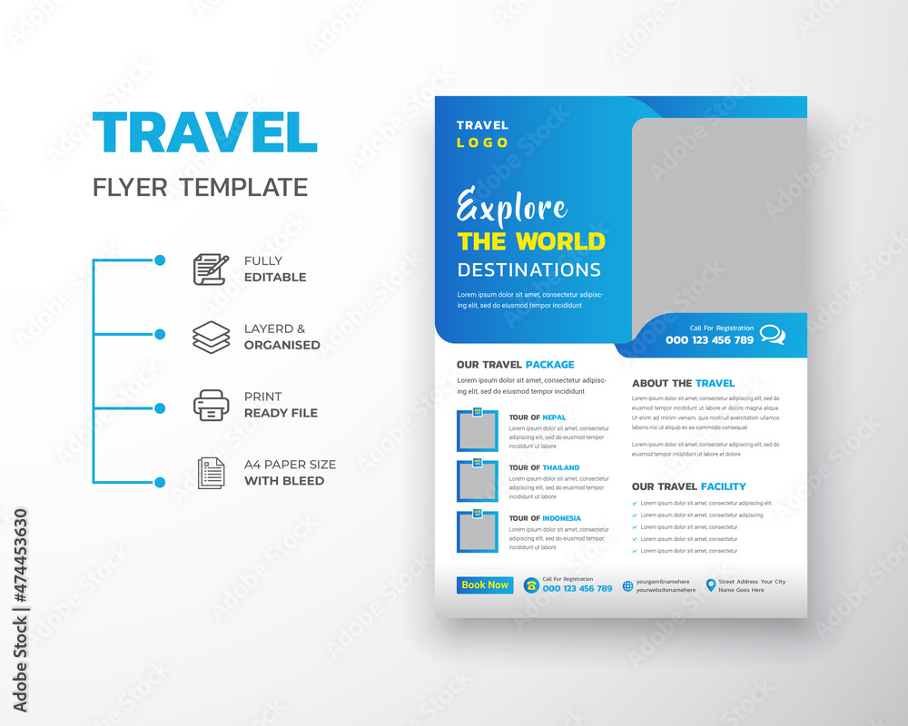 Obraz premium Travel Holiday Summer travel and tourism flyer template for poster design on Beach view background use for travel agency promotion catalog Template Design