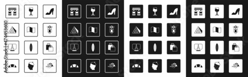 Set Woman shoe, Flag France, Louvre glass pyramid, Triumphal Arch, Scooter, Wine, Paper shopping bag and Eiffel tower icon. Vector