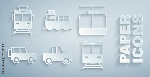 Set Pickup truck, Cable car, Off road, Train and railway, Cargo ship with boxes delivery and Tram icon. Vector
