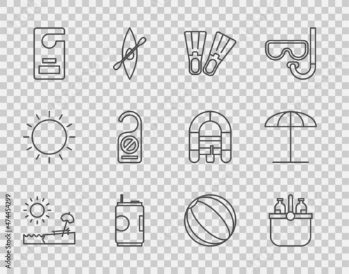 Set line Beach with umbrella and chair, Cooler bag water, Rubber flippers, Soda can, Please do not disturb, ball and Sun protective for beach icon. Vector