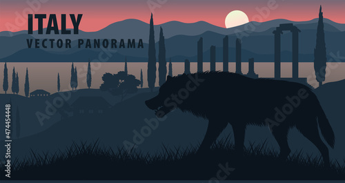 vector panorama of Italy  with gray wolf  near ancient ruins and sea