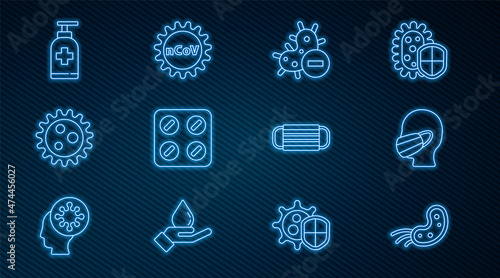 Set line Virus, Face in a medical protective mask, Negative virus, Pills blister pack, Bottle of liquid antibacterial soap, Medical and Corona 2019-nCoV icon. Vector